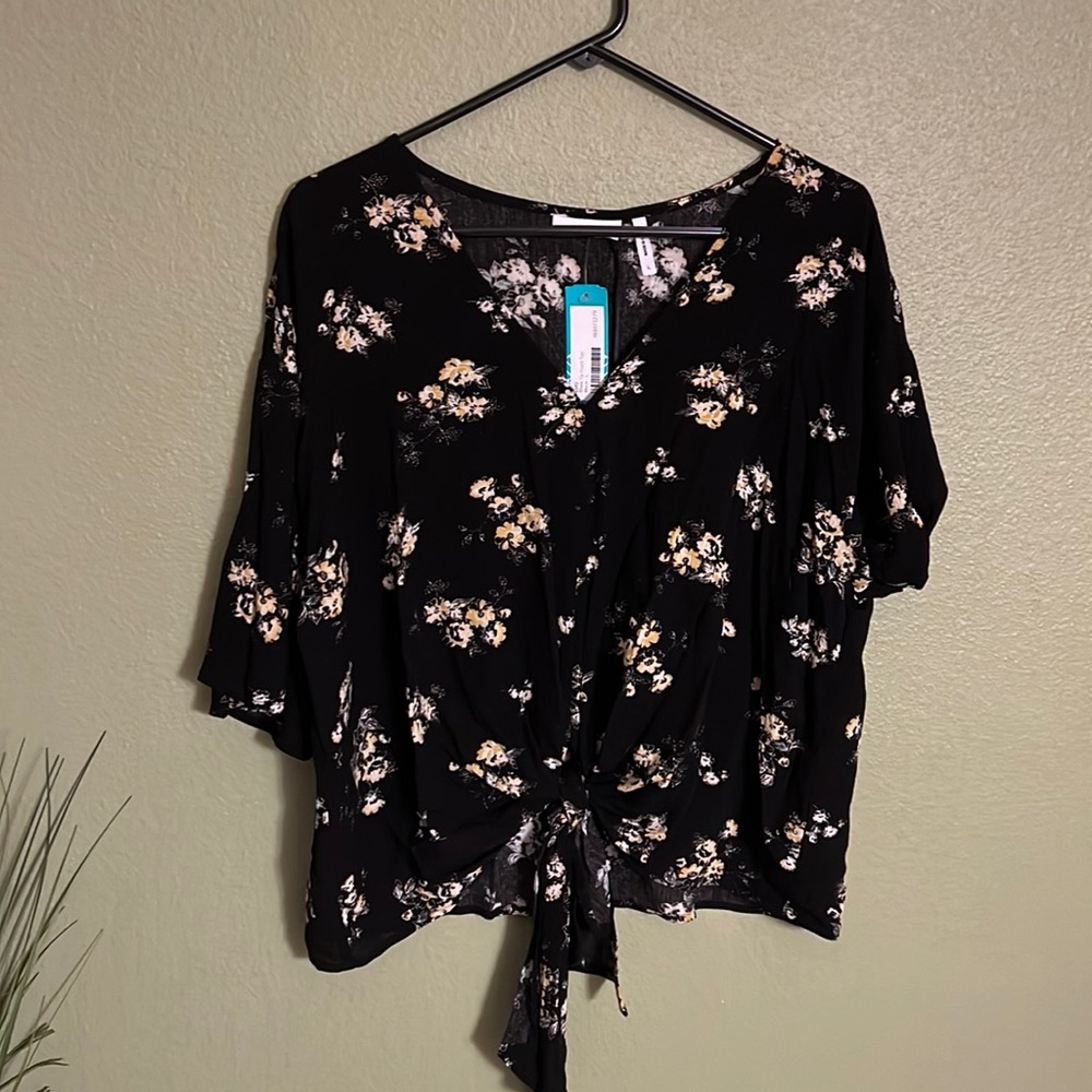 New black front tie blouse
